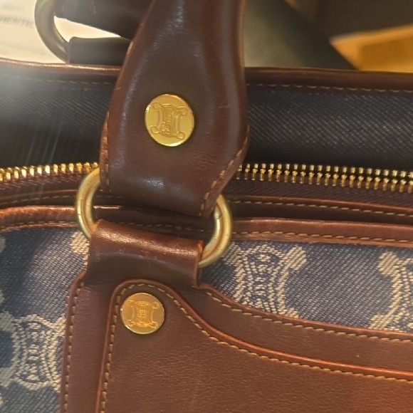 Celine Blue and Brown Satchel with Geometric Pattern AUTHENTIC - Picture 3 of 16